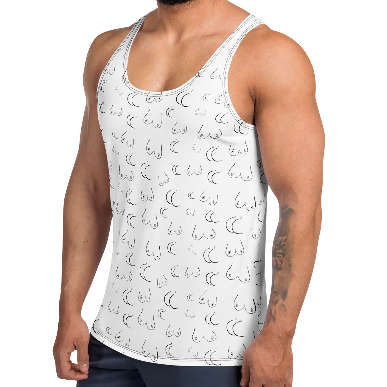 Man wearing a white tank top with a pattern on a white background