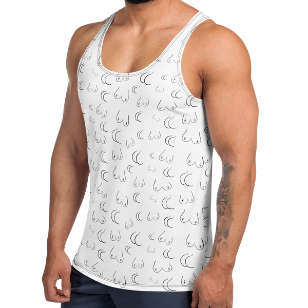 Man wearing a white tank top with a pattern on a white background